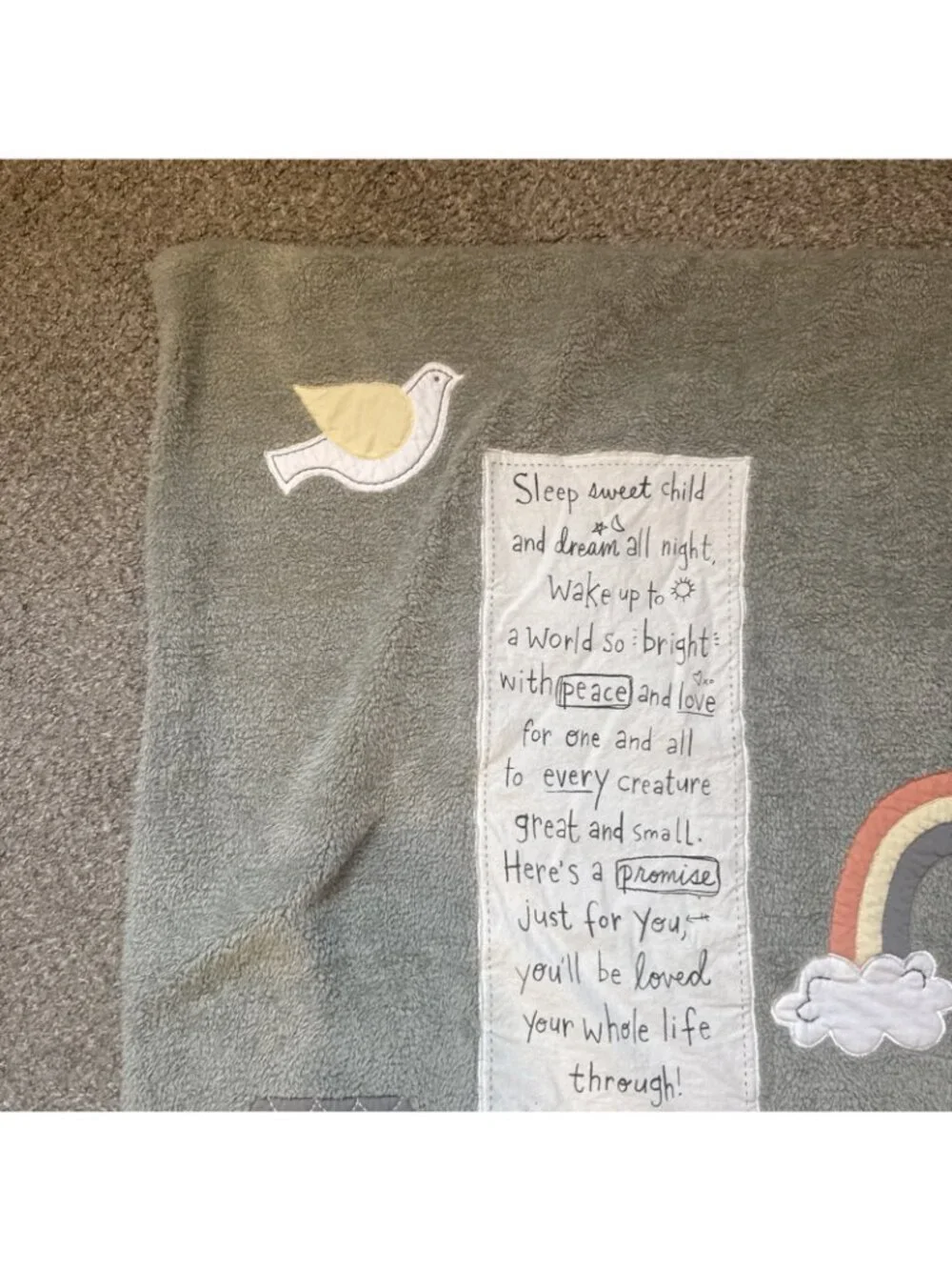Demdaco Grey Sherpa Noahs Ark Baby Blanket Rainbow Peace Stripe Reversible Plush